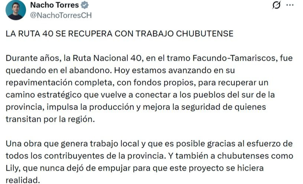 Torres destacó el avance de la repavimentación de la Ruta 40 y valoró el trabajo de mano de obra local